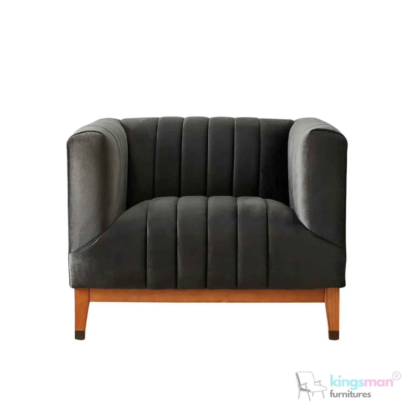 Asfor Velvet Armchair – Modern Channel-Stitched Design with Teak Legs and Brass Caps Kingsman Furnitures