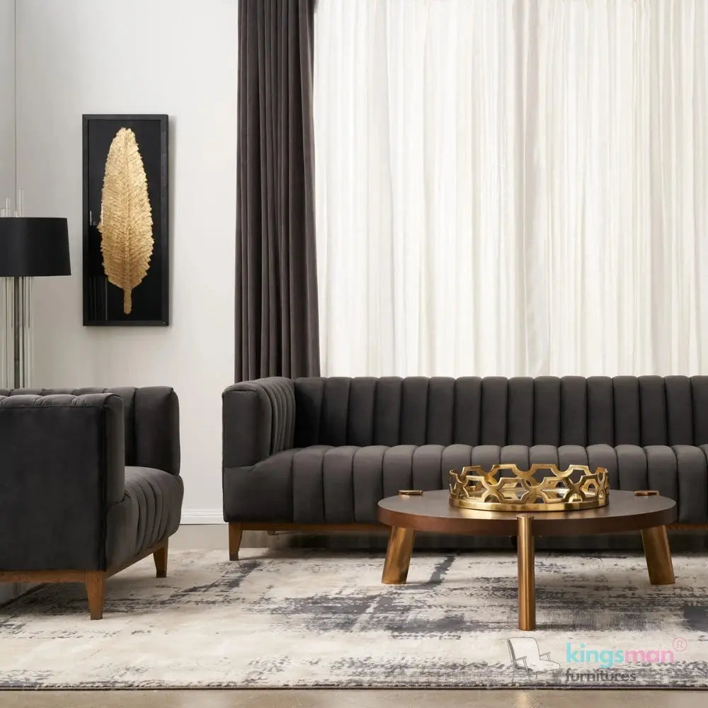 Asfor Velvet Armchair – Modern Channel-Stitched Design with Teak Legs and Brass Caps Kingsman Furnitures