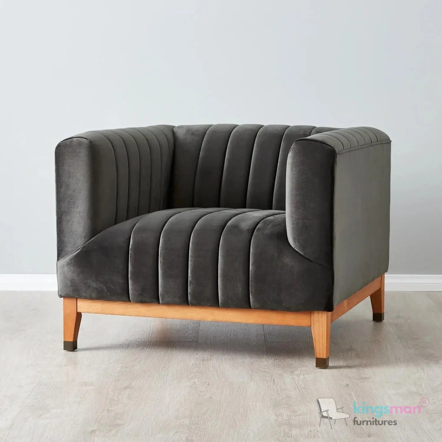 Asfor Velvet Armchair – Modern Channel-Stitched Design with Teak Legs and Brass Caps Kingsman Furnitures