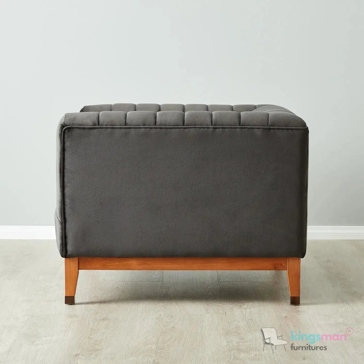 Asfor Velvet Armchair – Modern Channel-Stitched Design with Teak Legs and Brass Caps Kingsman Furnitures
