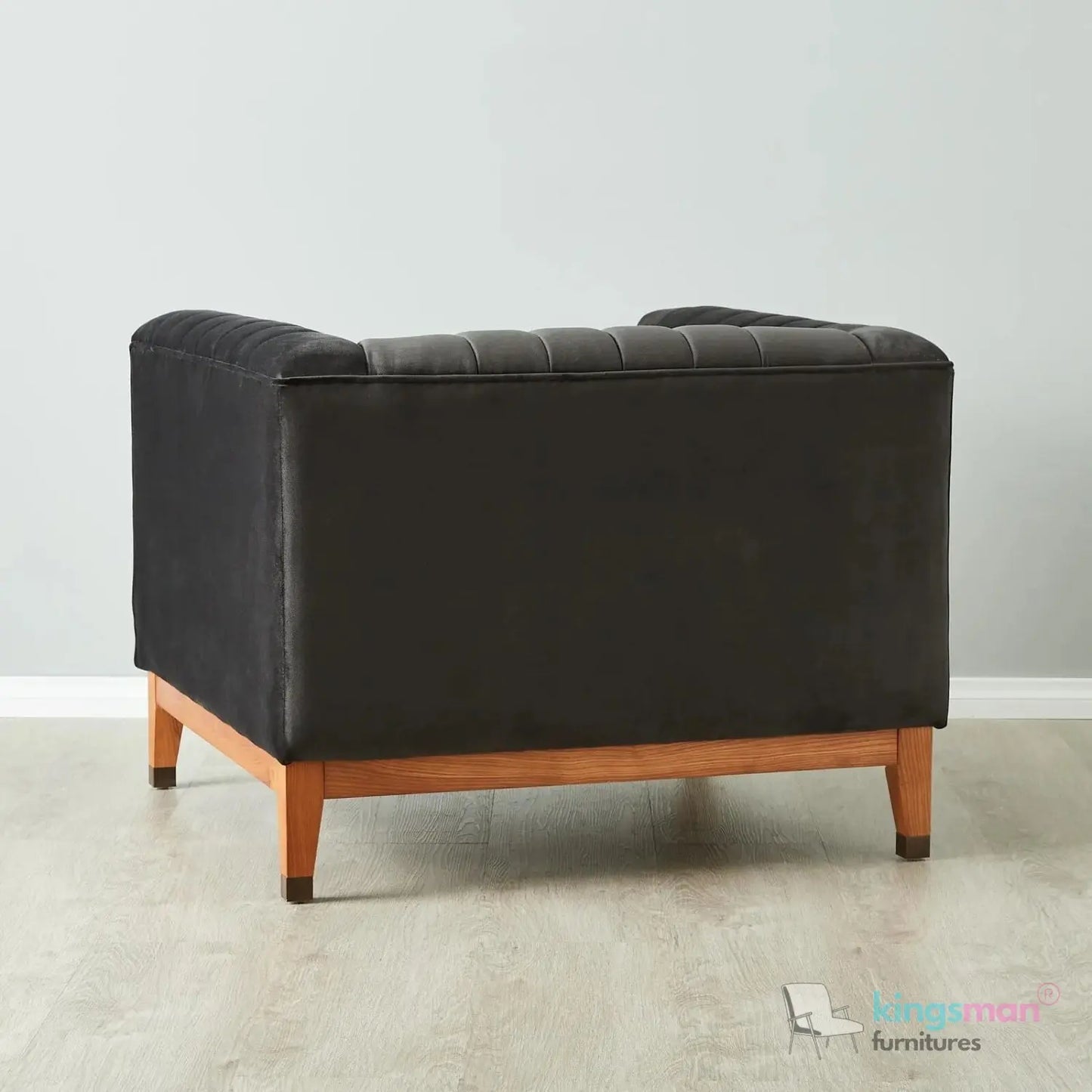Asfor Velvet Armchair – Modern Channel-Stitched Design with Teak Legs and Brass Caps Kingsman Furnitures
