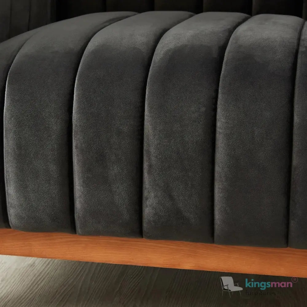 Asfor Velvet Armchair – Modern Channel-Stitched Design with Teak Legs and Brass Caps Kingsman Furnitures