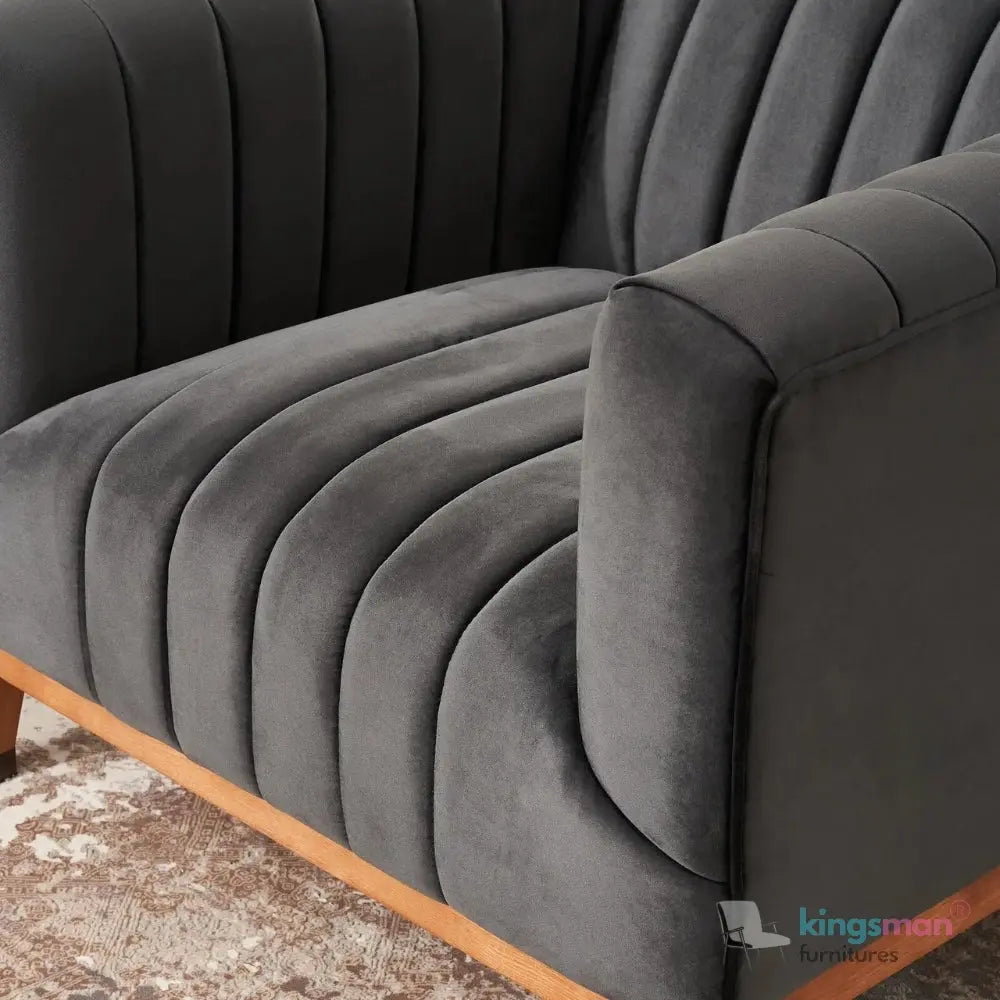 Asfor Velvet Armchair – Modern Channel-Stitched Design with Teak Legs and Brass Caps Kingsman Furnitures