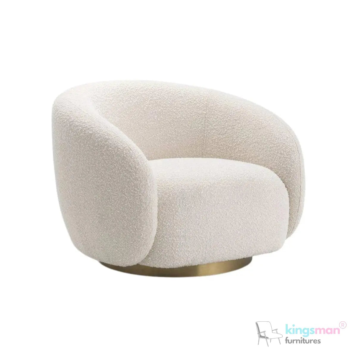 Brok 360° Swivel Chair - Ivory Boucle Fabric, Brass Base, Modern Elegant Design, Cozy Comfort Kingsman Furnitures