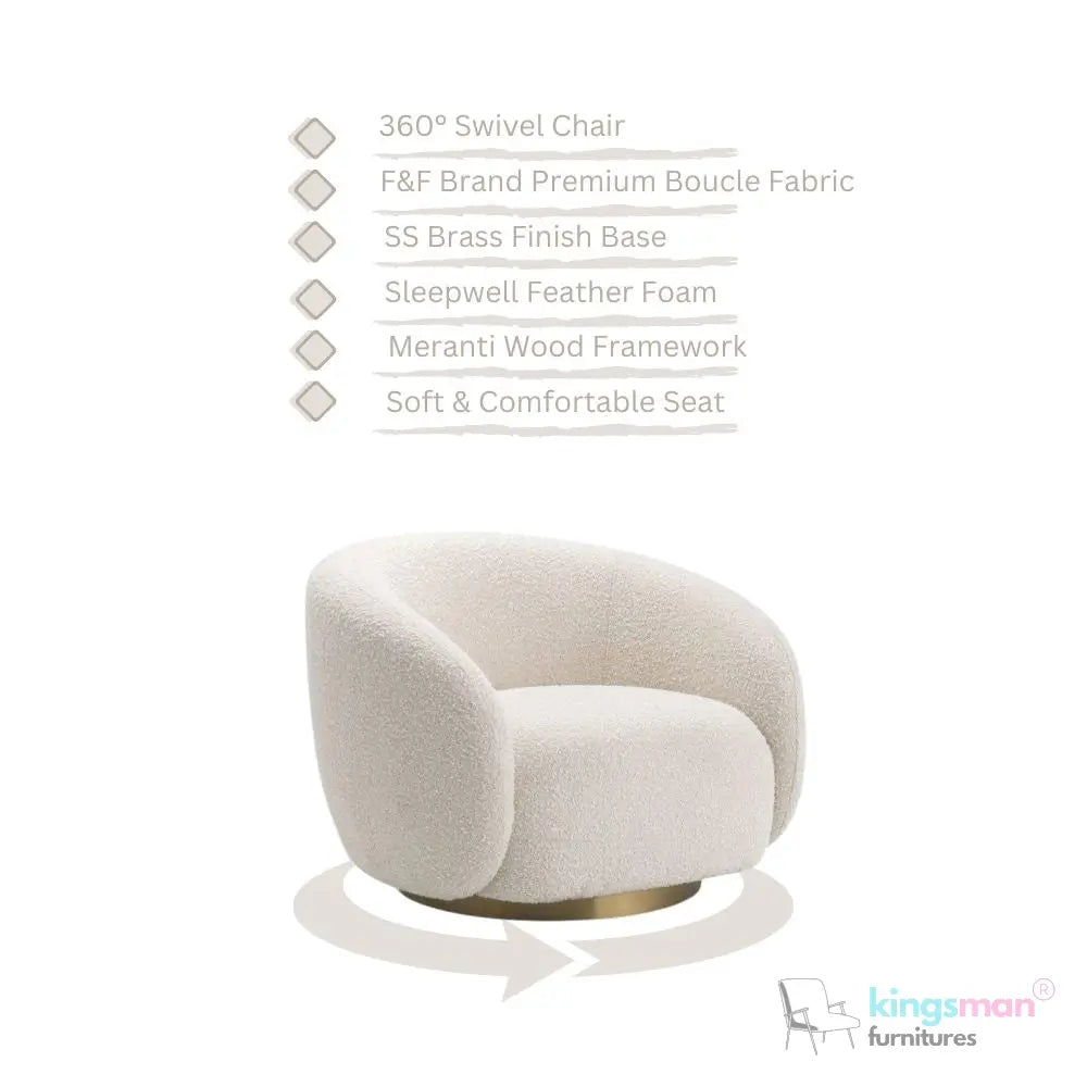 Brok 360° Swivel Chair - Ivory Boucle Fabric, Brass Base, Modern Elegant Design, Cozy Comfort Kingsman Furnitures
