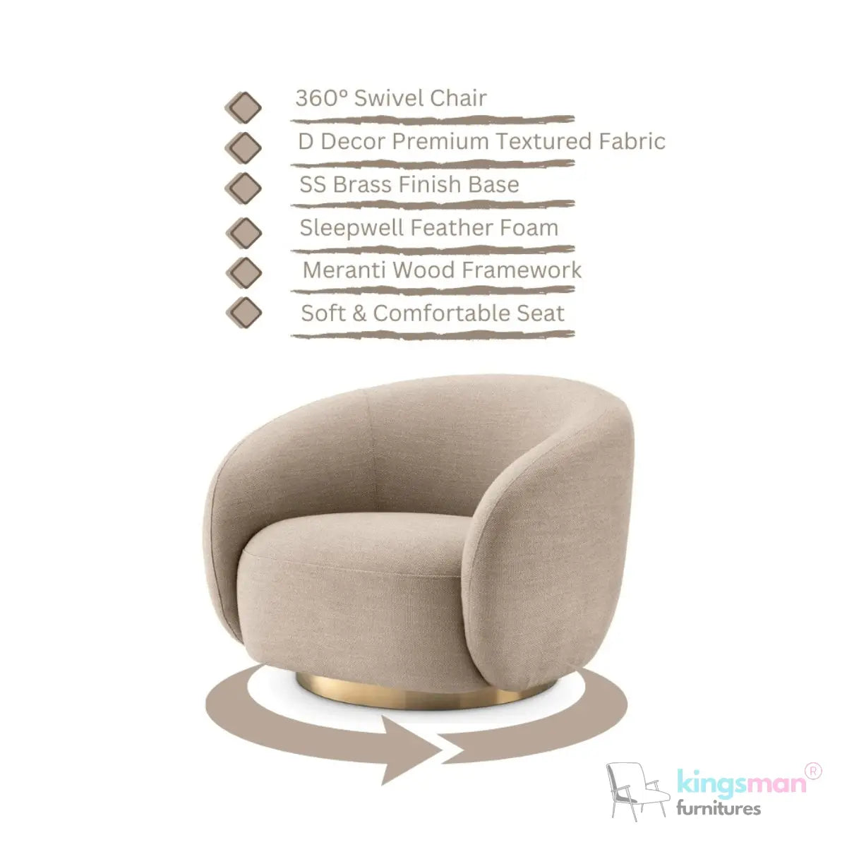 Brok 360° Swivel Chair - Ivory Boucle Fabric, Brass Base, Modern Elegant Design, Cozy Comfort Kingsman Furnitures