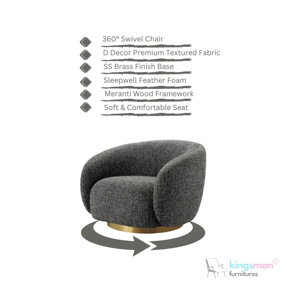 Brok 360° Swivel Chair - Ivory Boucle Fabric, Brass Base, Modern Elegant Design, Cozy Comfort Kingsman Furnitures