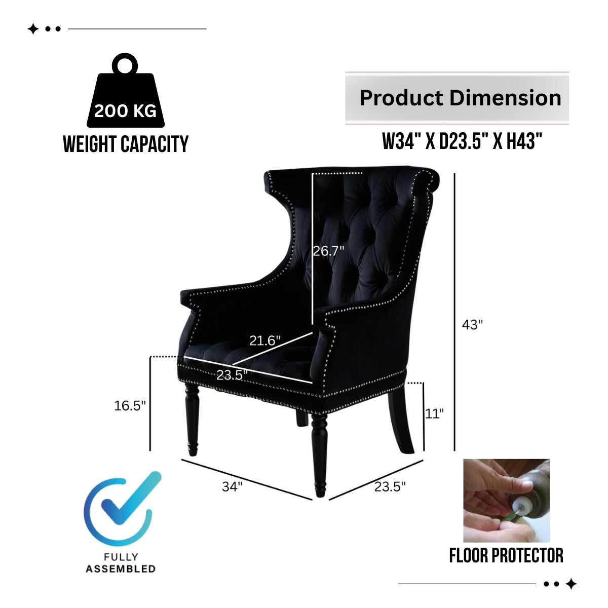 Drako Black Velvet Wingback Armchair