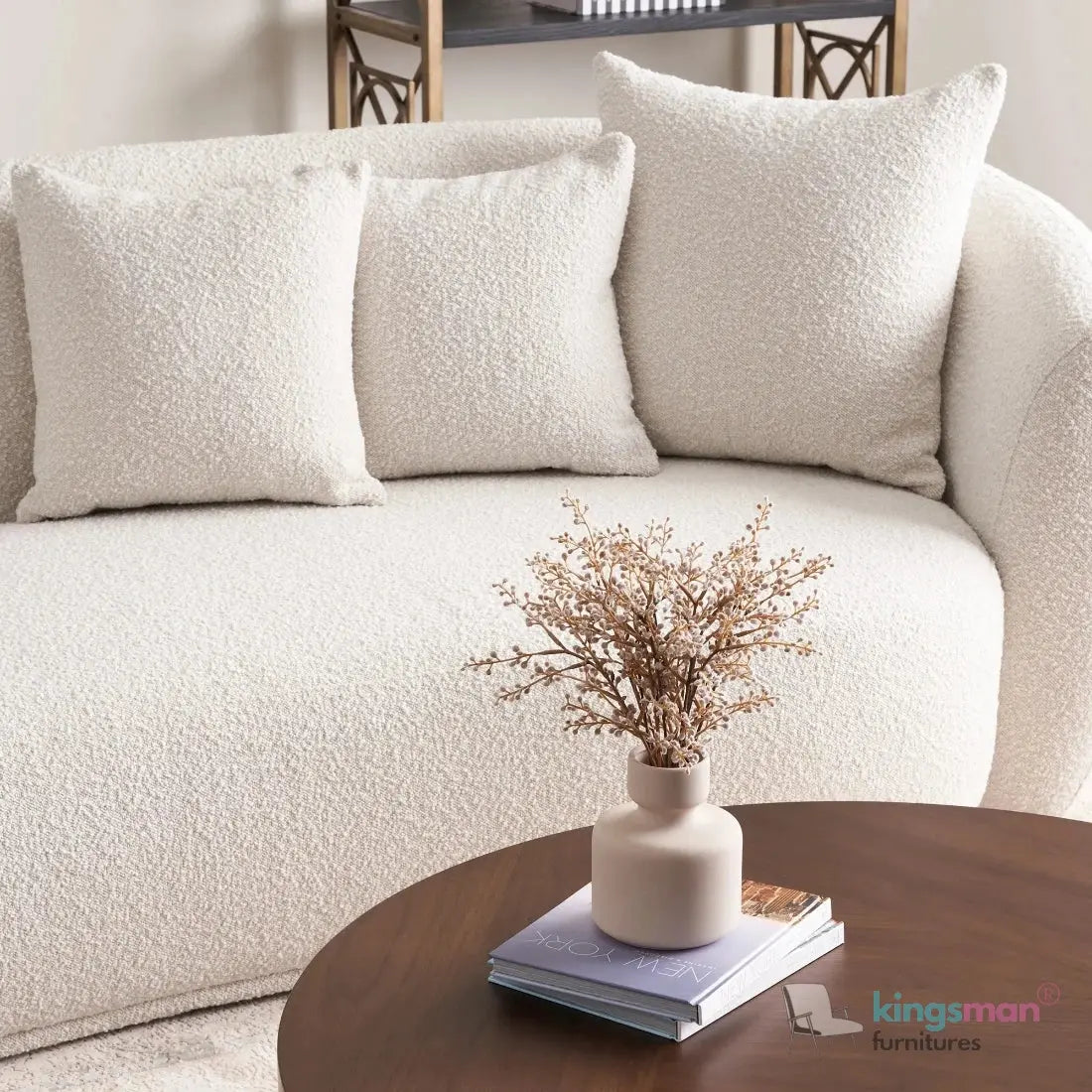Everbe 3 Seater Sofa - Boucle & Velvet, Mid-Century Luxe, High-Resilience Foam, Meranti Wood Frame Kingsman Furnitures