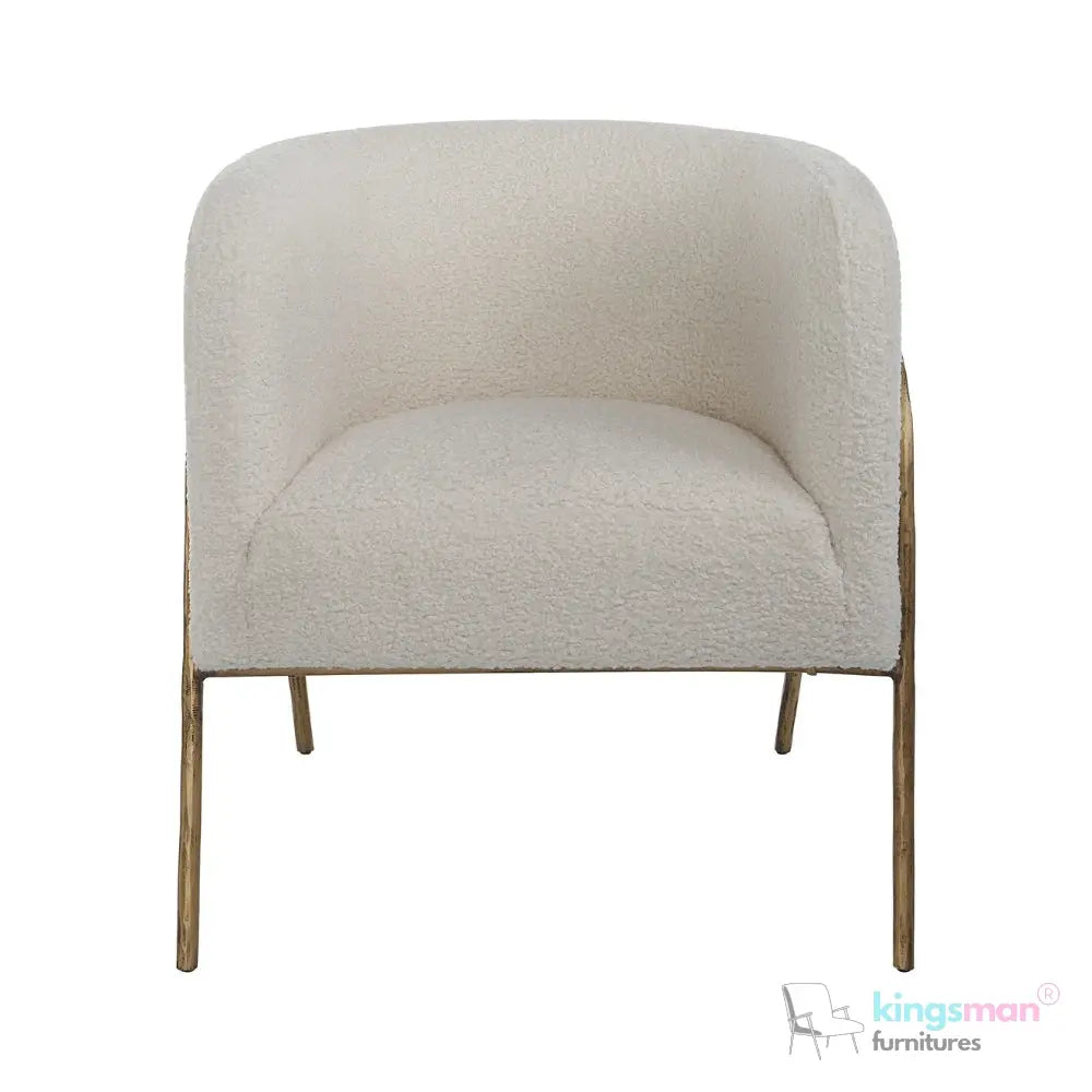 Jacob Scandinavian Barrel Back Chair - Faux Shearling with Aged Gold Chiselled Iron Frame Kingsman Furnitures