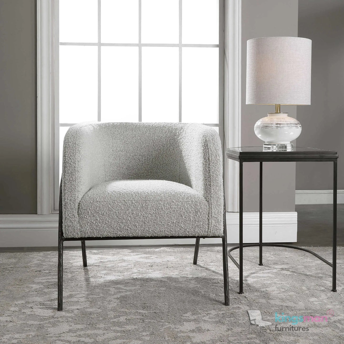 Jacob Scandinavian Barrel Back Chair - Faux Shearling with Aged Gold Chiselled Iron Frame Kingsman Furnitures