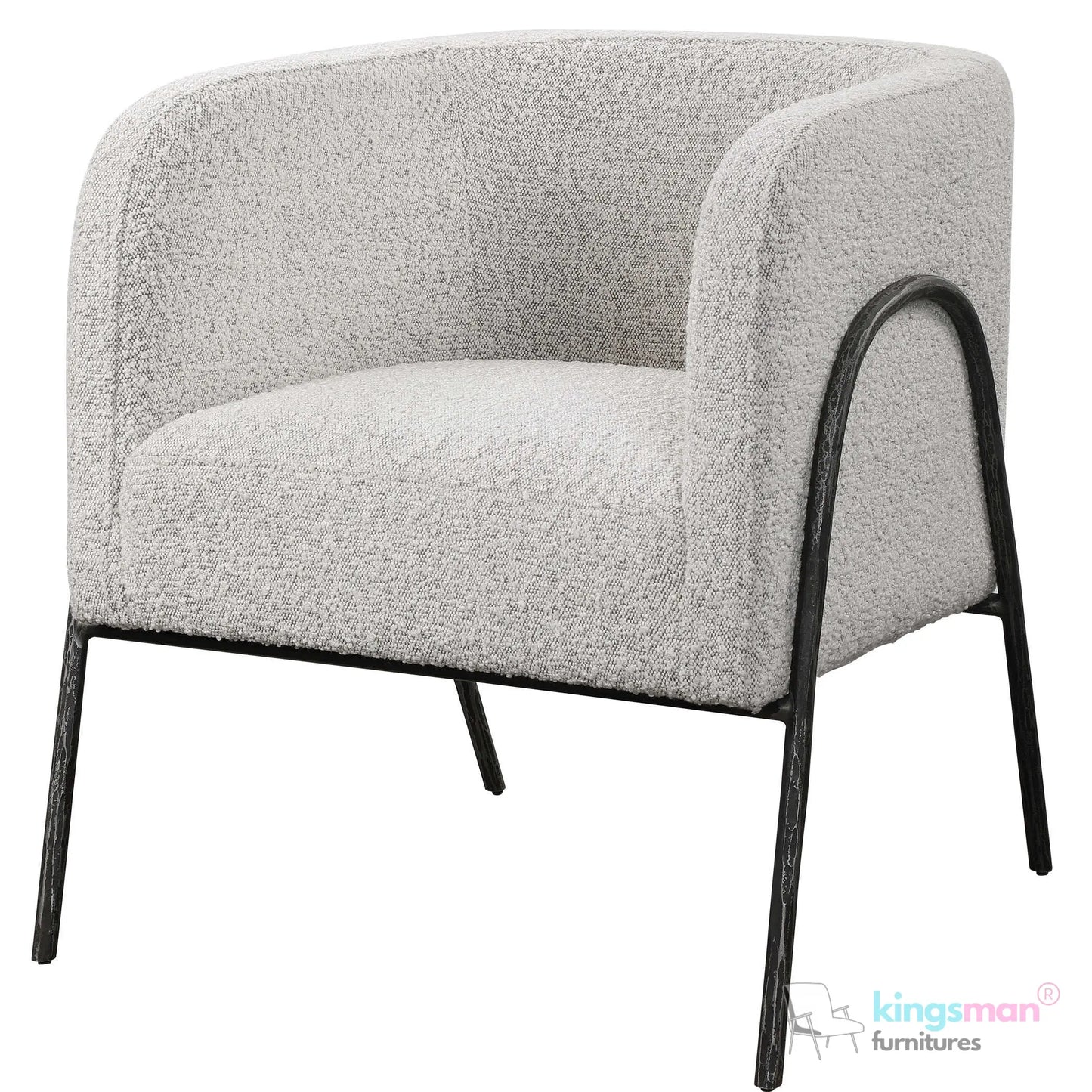Jacob Scandinavian Barrel Back Chair - Faux Shearling with Aged Gold Chiselled Iron Frame Kingsman Furnitures