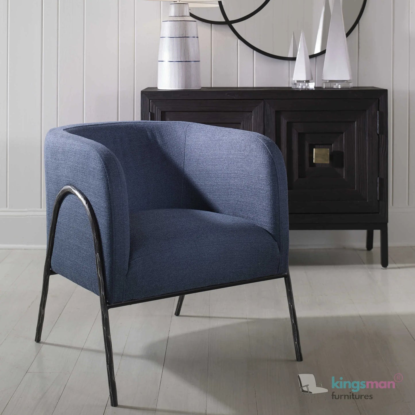Jacob Scandinavian Barrel Back Chair - Faux Shearling with Aged Gold Chiselled Iron Frame Kingsman Furnitures