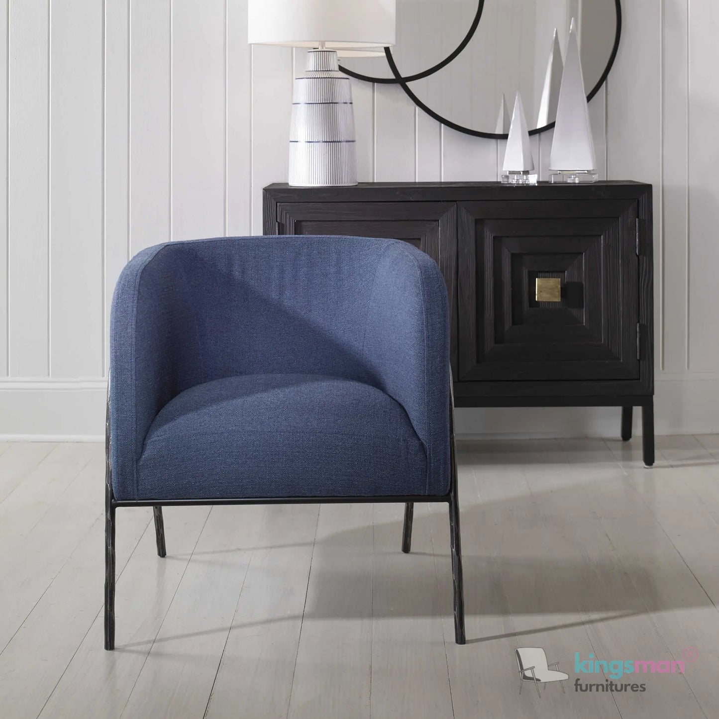 Jacob Scandinavian Barrel Back Chair - Faux Shearling with Aged Gold Chiselled Iron Frame Kingsman Furnitures