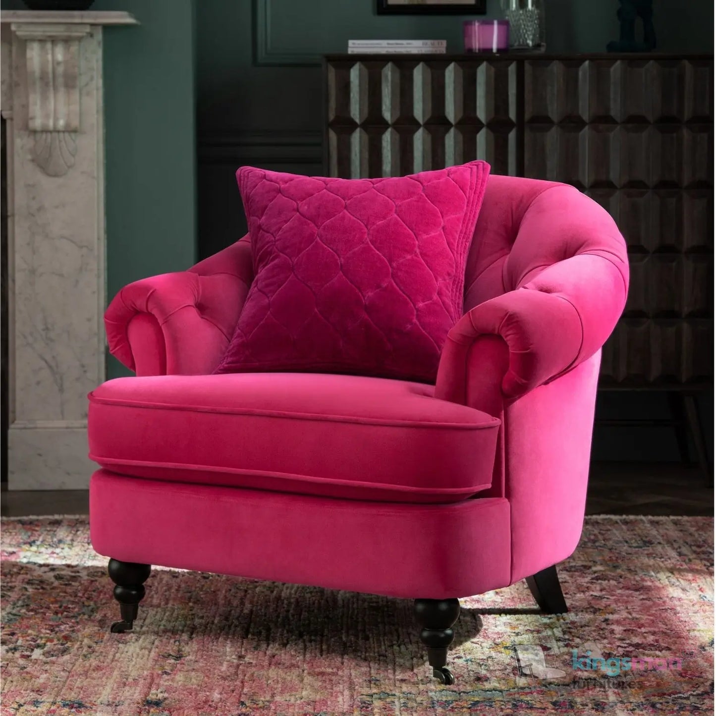 Jesper Armchair - Classic Buttoned Backrest with Teak Wood Castor Legs Kingsman Furnitures