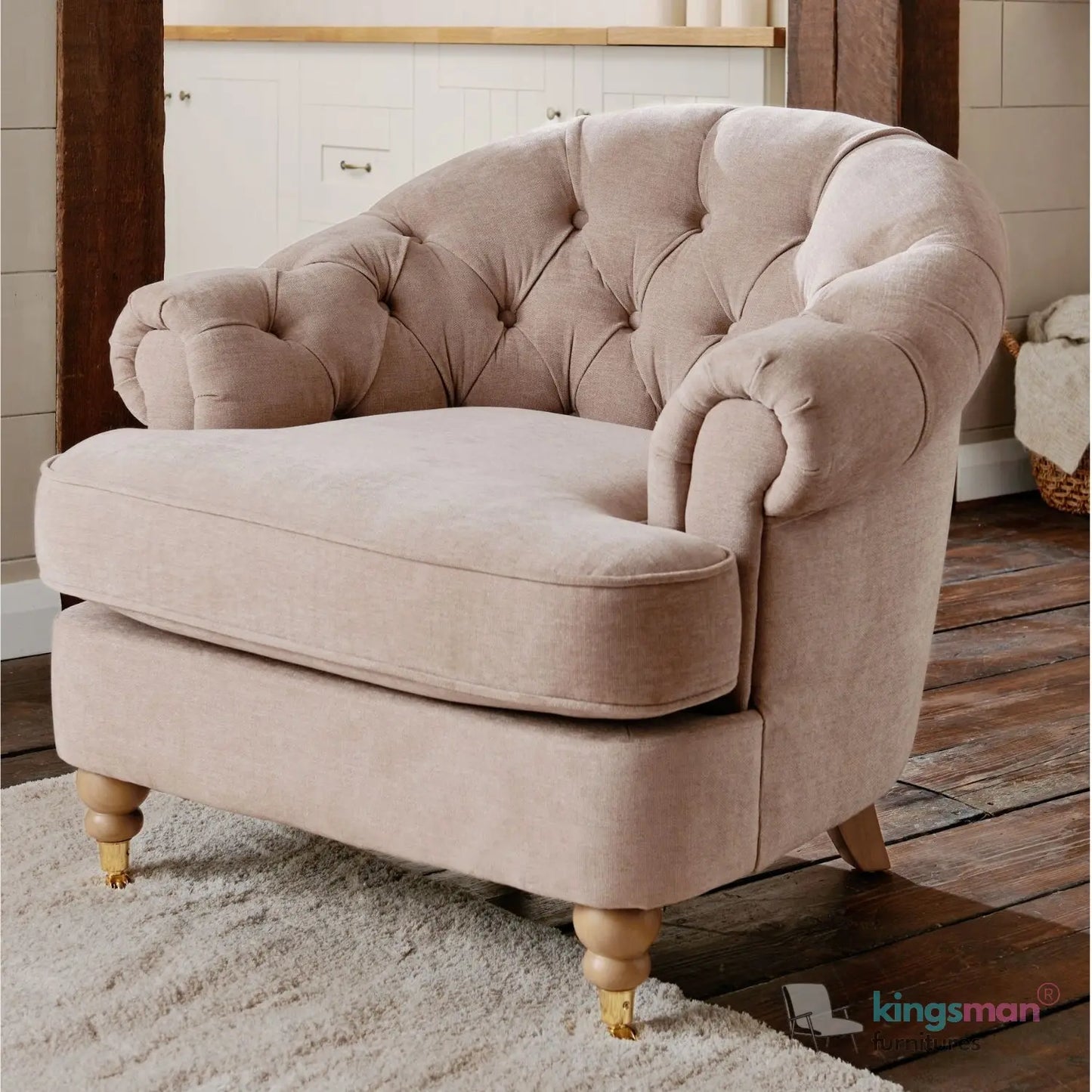 Jesper Armchair - Classic Buttoned Backrest with Teak Wood Castor Legs Kingsman Furnitures