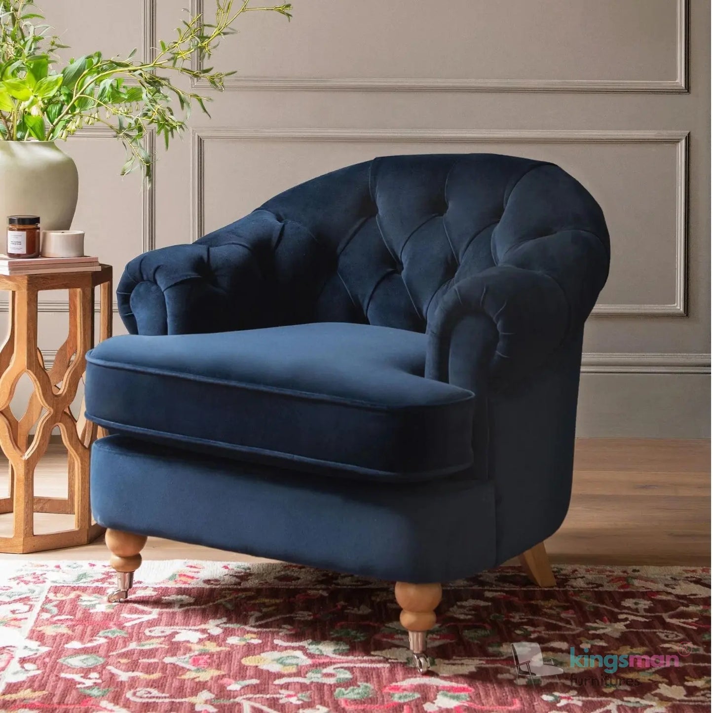Jesper Armchair - Classic Buttoned Backrest with Teak Wood Castor Legs Kingsman Furnitures