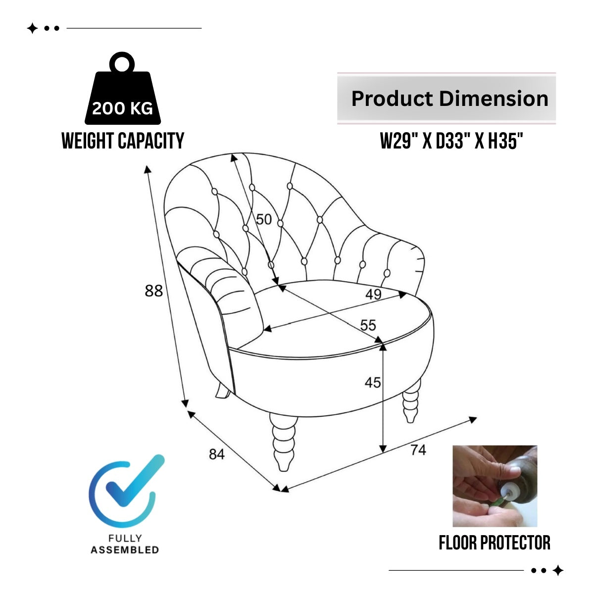 Diagram of a chair with dimensions, weight capacity, and floor protector information.