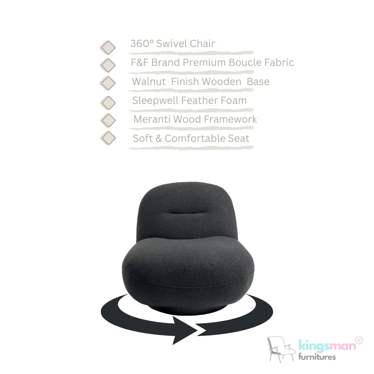 Otis Accent Chair - Cream/Navy Blue, 360° Swivel, High-Resilience Foam, Modern Scandi Design Kingsman Furnitures