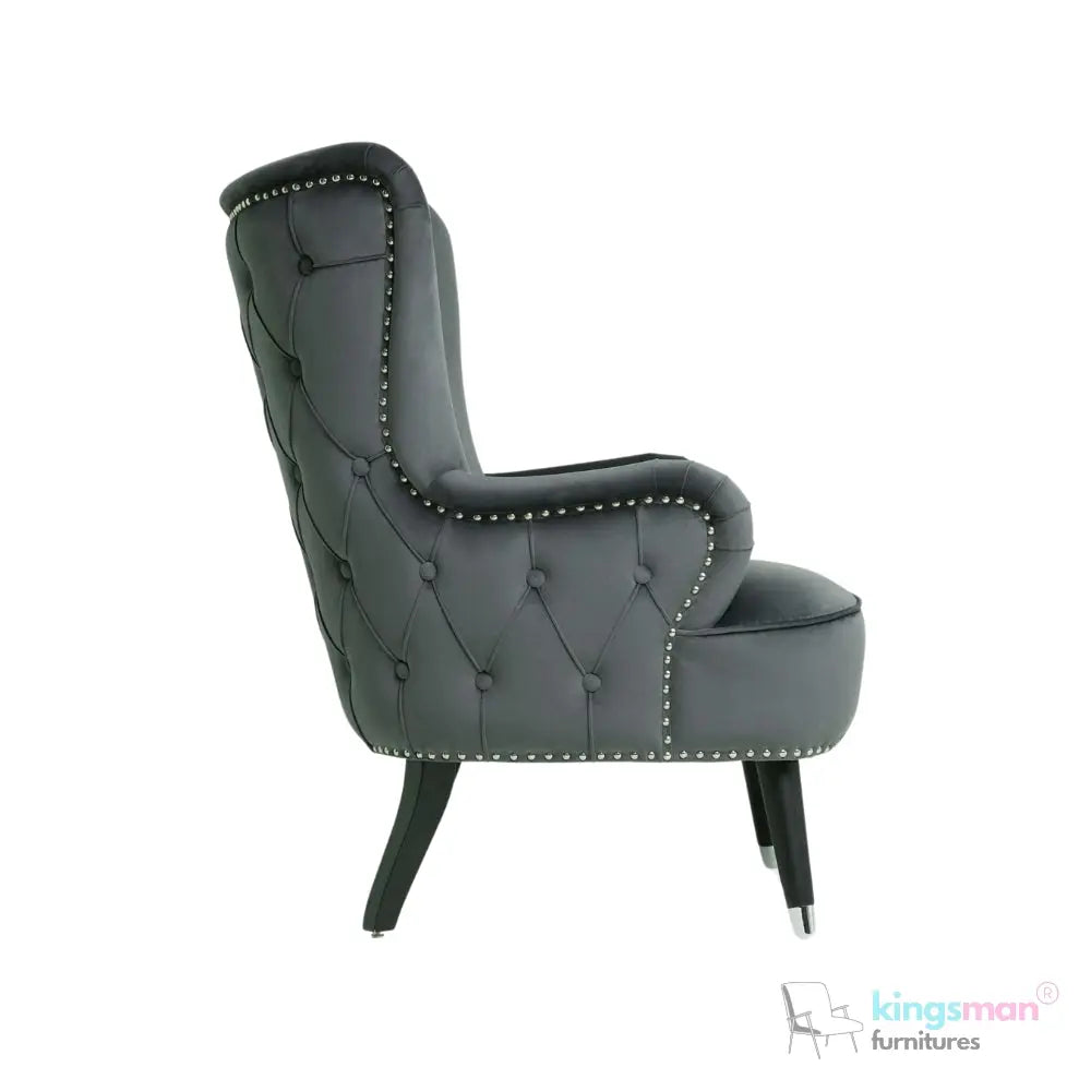 Pearl Tufted Wing Armchair - Dark Grey Velvet with Chrome-Tipped Teak Wood Legs Kingsman Furnitures