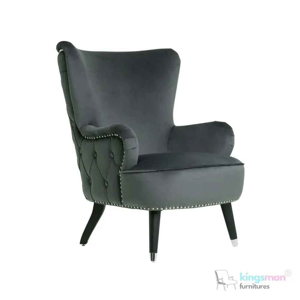 Pearl Tufted Wing Armchair - Dark Grey Velvet with Chrome-Tipped Teak Wood Legs Kingsman Furnitures