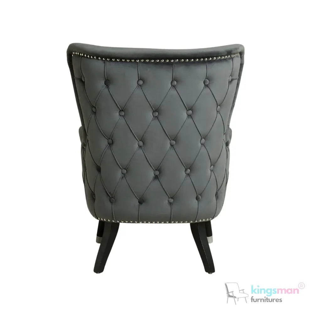 Pearl Tufted Wing Armchair - Dark Grey Velvet with Chrome-Tipped Teak Wood Legs Kingsman Furnitures
