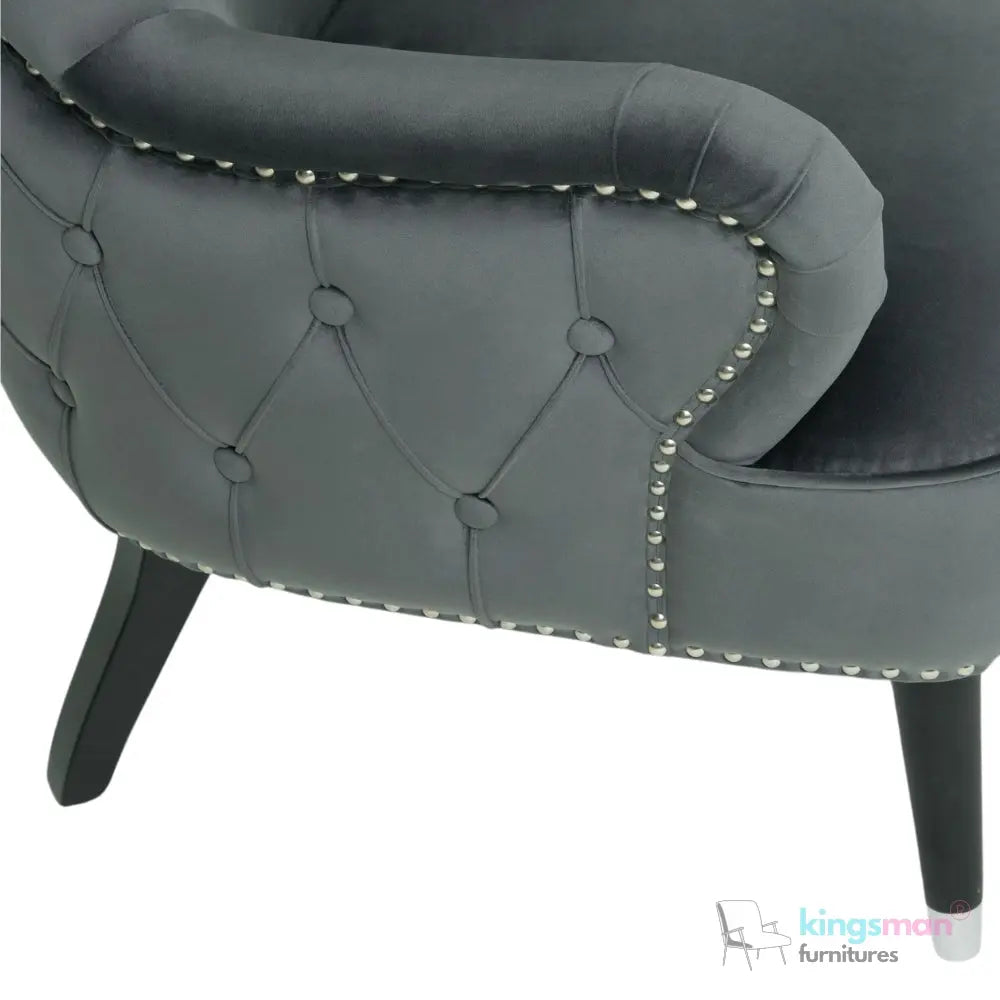 Pearl Tufted Wing Armchair - Dark Grey Velvet with Chrome-Tipped Teak Wood Legs Kingsman Furnitures