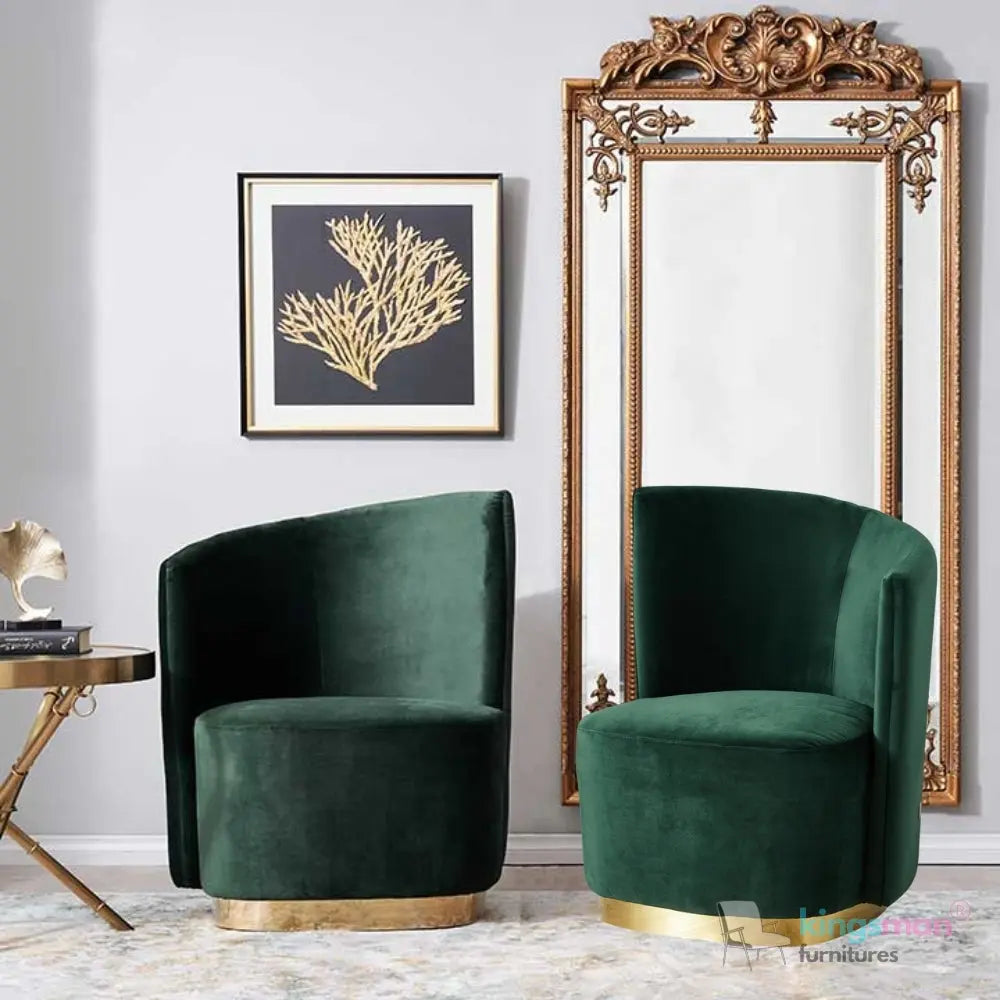 Reina Emerald Green Velvet Armchair – Contemporary Design with Golden Base and Plush Comfort Kingsman Furnitures