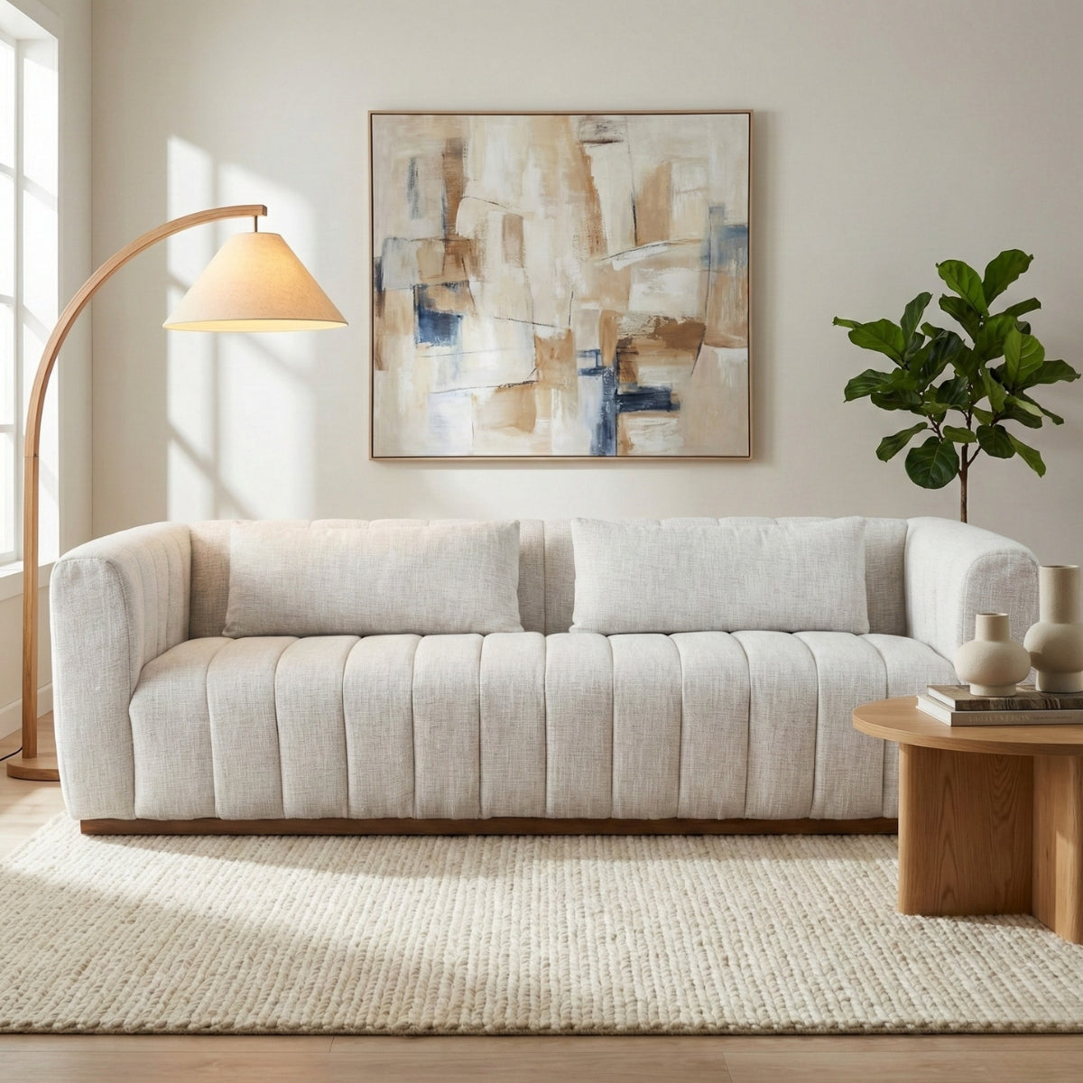 Modern living room with a light gray sofa, abstract painting, and decorative items.