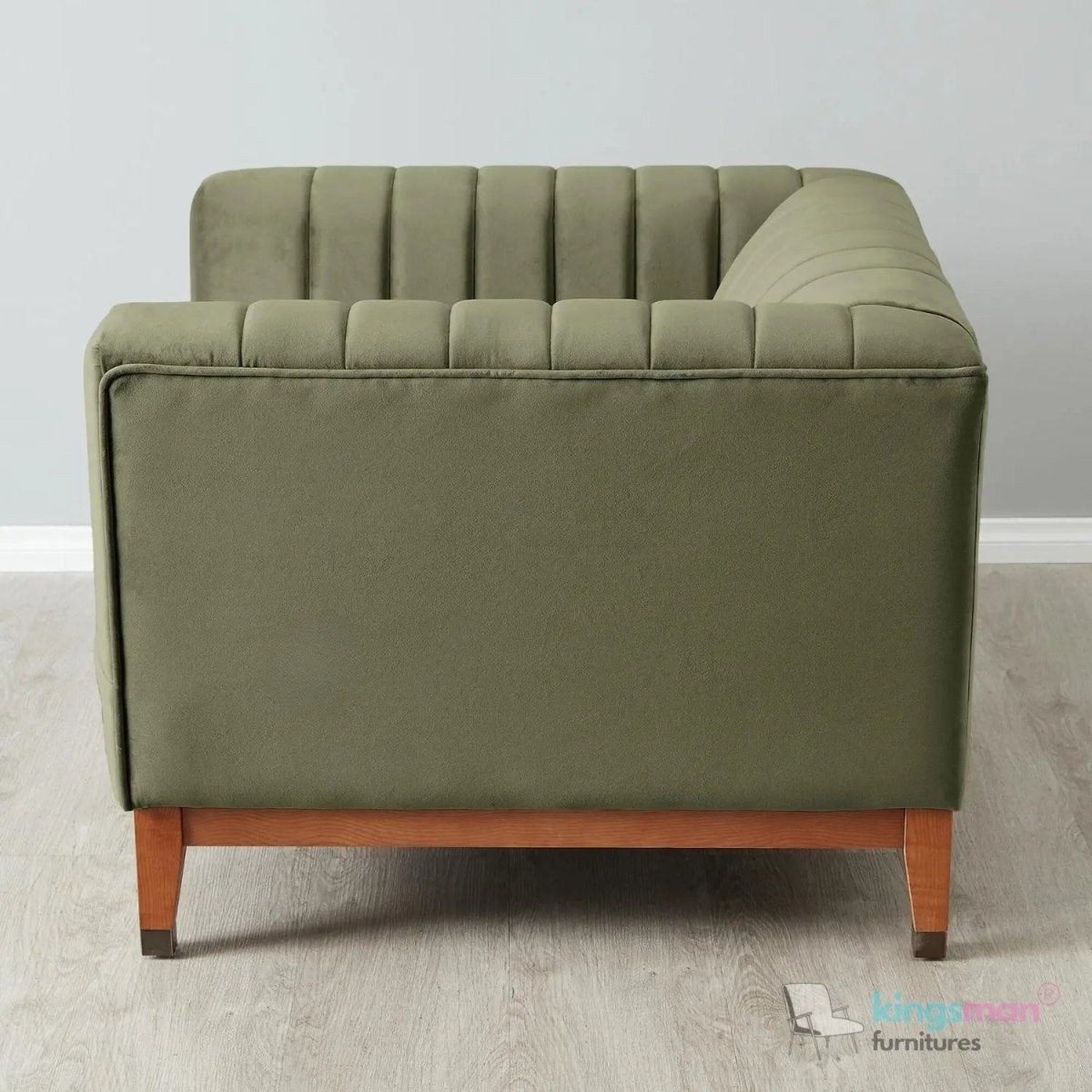 Asfor Velvet Armchair – Modern Channel - Stitched Design with Teak Legs and Brass Caps - Kingsman Furnitures