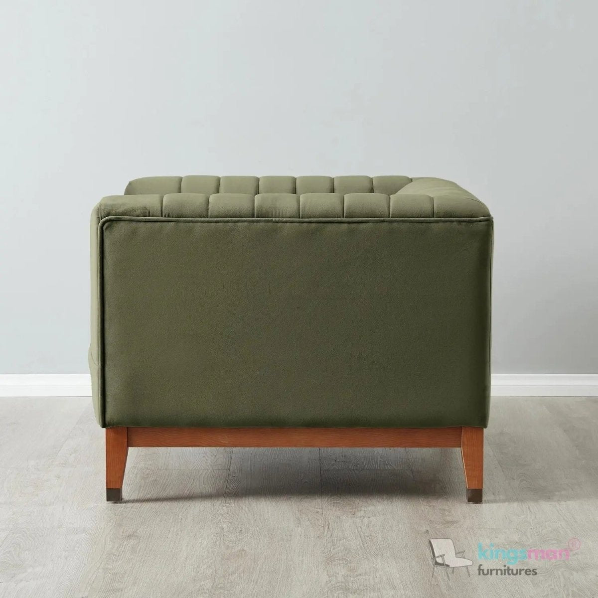 Asfor Velvet Armchair – Modern Channel - Stitched Design with Teak Legs and Brass Caps - Kingsman Furnitures