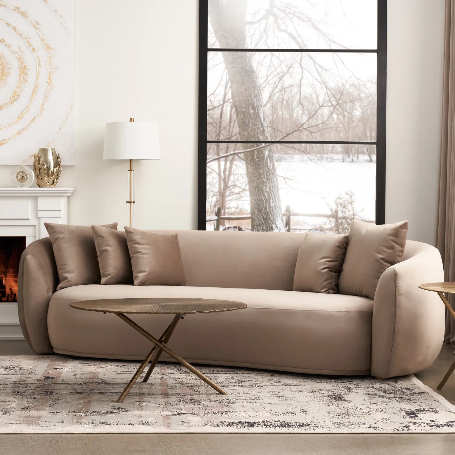 Everbe Beige Velvet 3 Seater Sofa