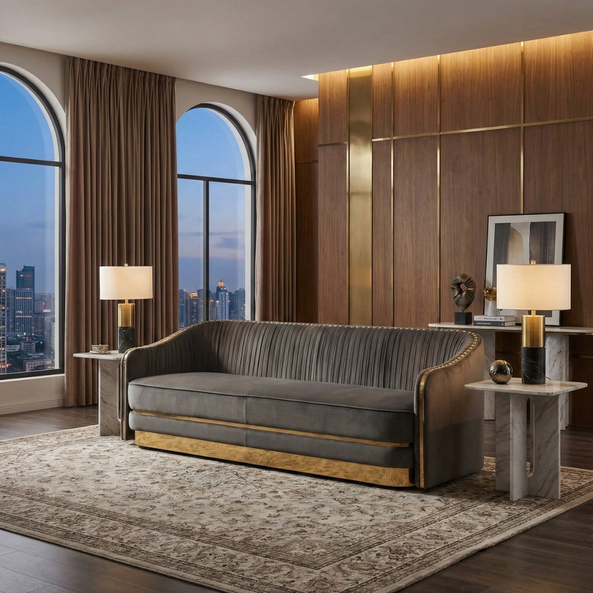Luxurious living room with a gray sofa, wooden walls, and large windows with cityscape view.
