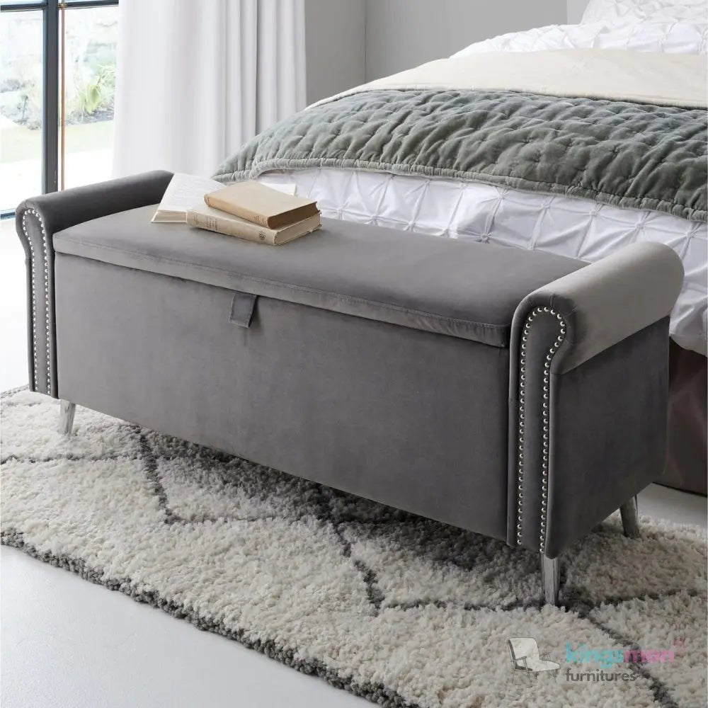 Dev Storage Ottoman - Upholstered Ottoman with Scrolled Arms, Mirrored Feet, and Deep Storage | Bedroom or Living Room Furniture - Kingsman Furnitures