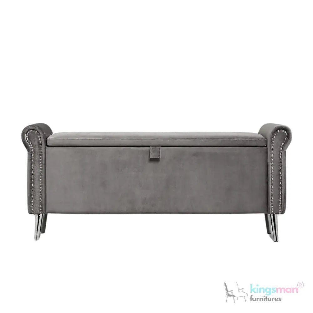 Dev Storage Ottoman - Upholstered Ottoman with Scrolled Arms, Mirrored Feet, and Deep Storage | Bedroom or Living Room Furniture - Kingsman Furnitures