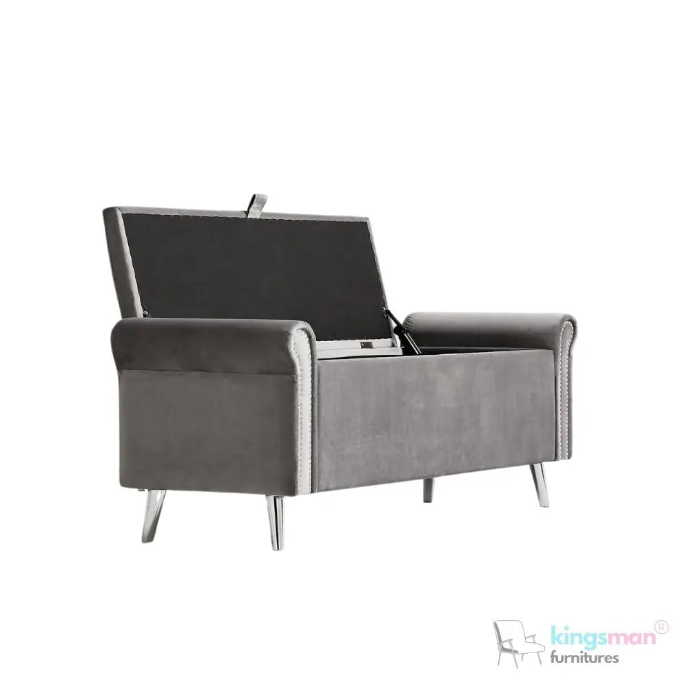 Dev Storage Ottoman - Upholstered Ottoman with Scrolled Arms, Mirrored Feet, and Deep Storage | Bedroom or Living Room Furniture - Kingsman Furnitures