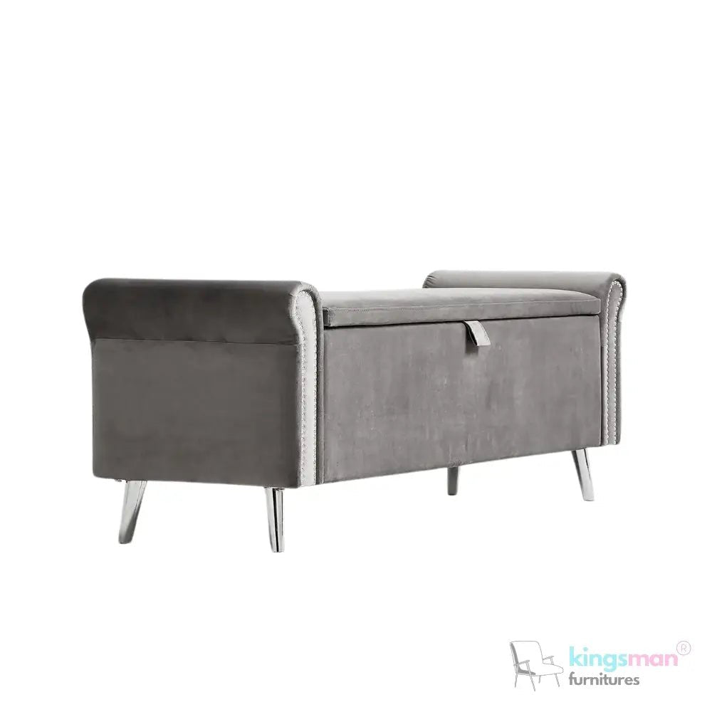 Dev Storage Ottoman - Upholstered Ottoman with Scrolled Arms, Mirrored Feet, and Deep Storage | Bedroom or Living Room Furniture - Kingsman Furnitures
