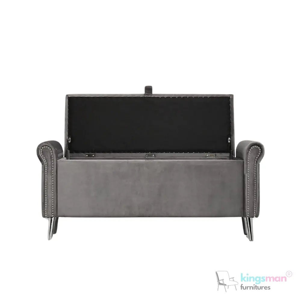 Dev Storage Ottoman - Upholstered Ottoman with Scrolled Arms, Mirrored Feet, and Deep Storage | Bedroom or Living Room Furniture - Kingsman Furnitures