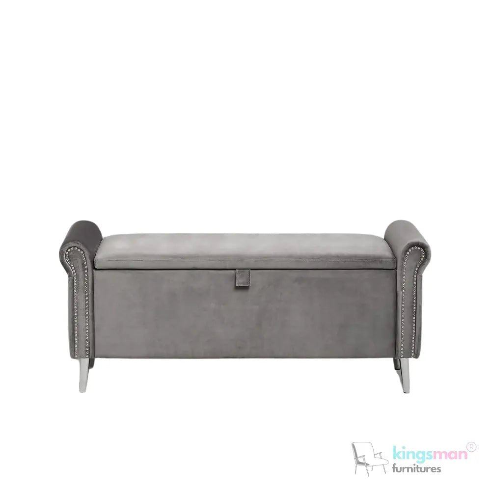 Dev Storage Ottoman - Upholstered Ottoman with Scrolled Arms, Mirrored Feet, and Deep Storage | Bedroom or Living Room Furniture - Kingsman Furnitures