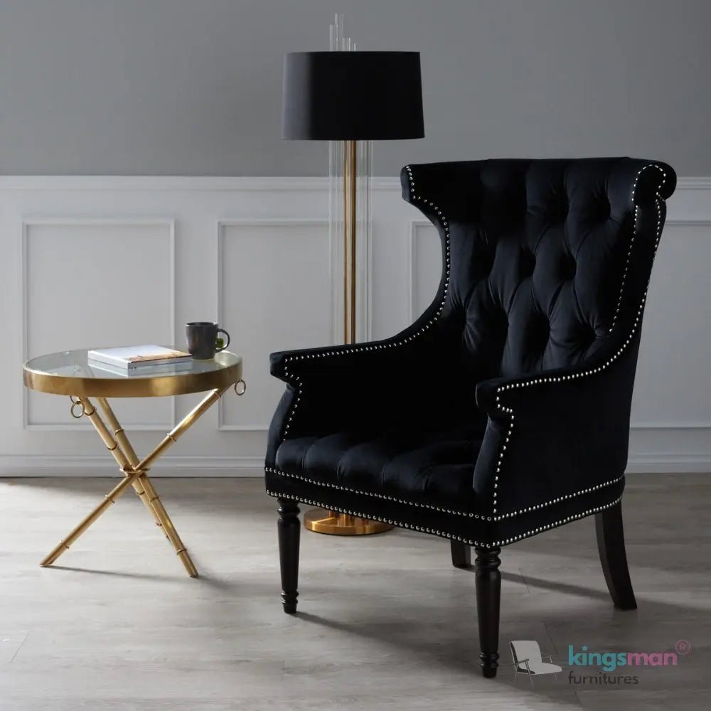 Drako Black Velvet Wingback Armchair – Modern Luxury with Deep Button Tufting and Teak Wood Legs - Kingsman Furnitures