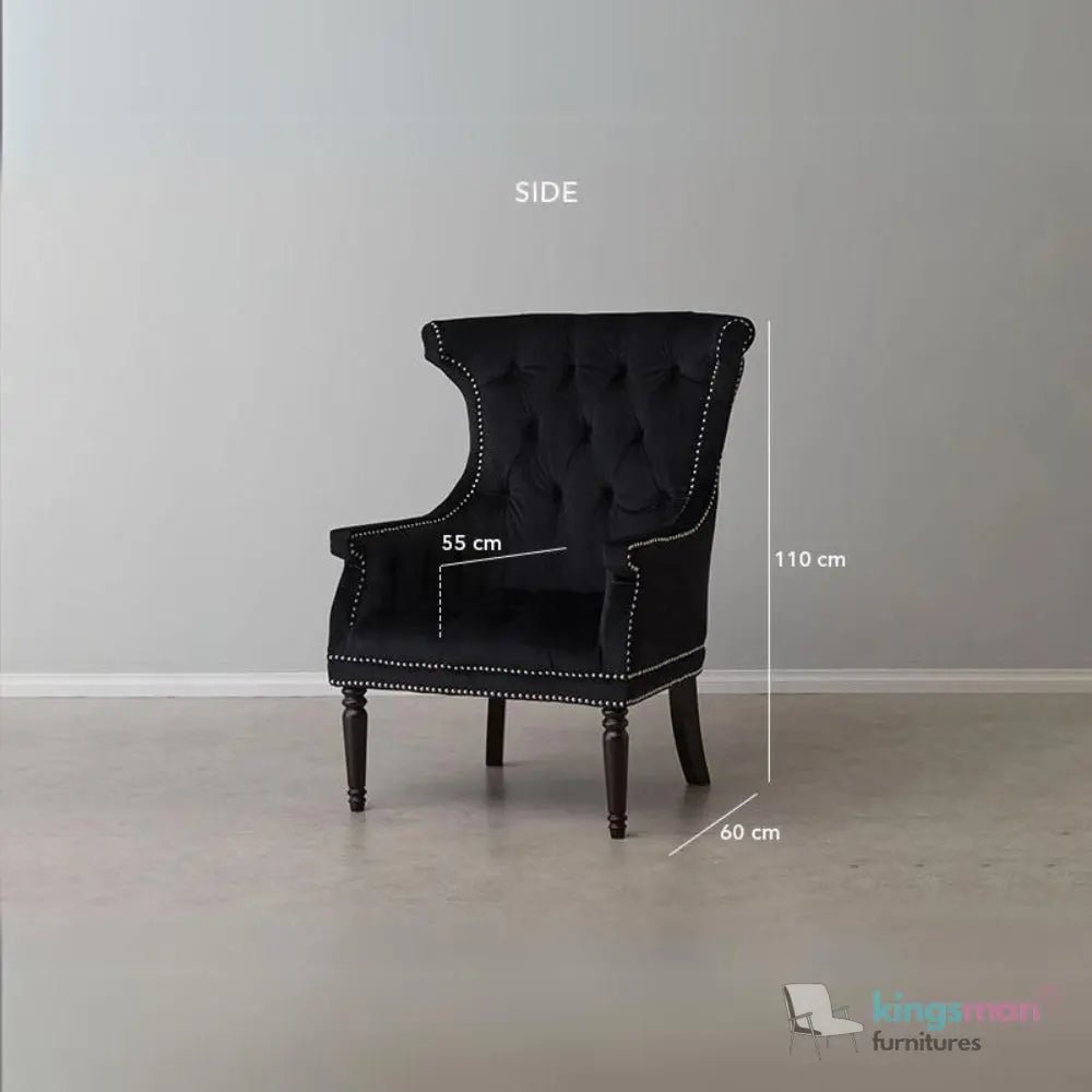 Drako Black Velvet Wingback Armchair – Modern Luxury with Deep Button Tufting and Teak Wood Legs - Kingsman Furnitures