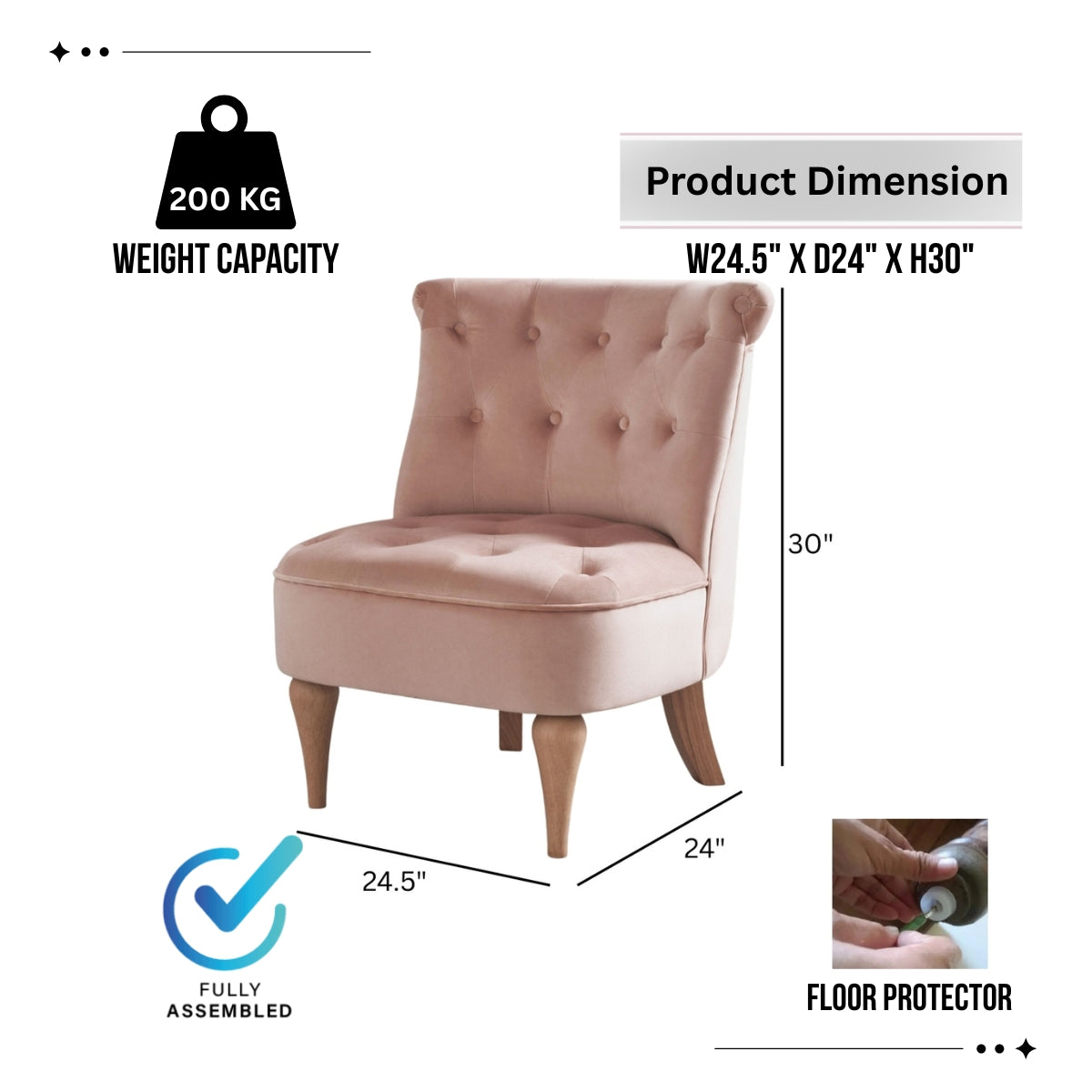 Pink armchair with weight capacity, dimensions, and floor protector information on a white background