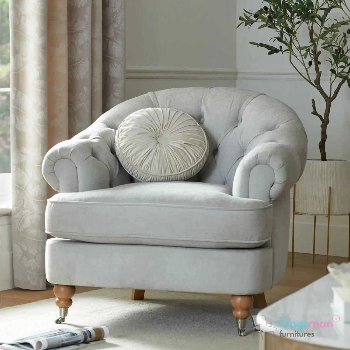 Jesper Chesterfield Brass Castor Legs Armchair | Elegant Comfort - Kingsman Furnitures