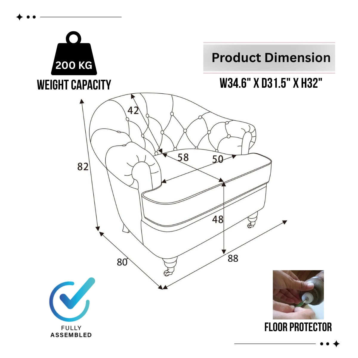 Illustration of a chair with dimensions and product details on a white background