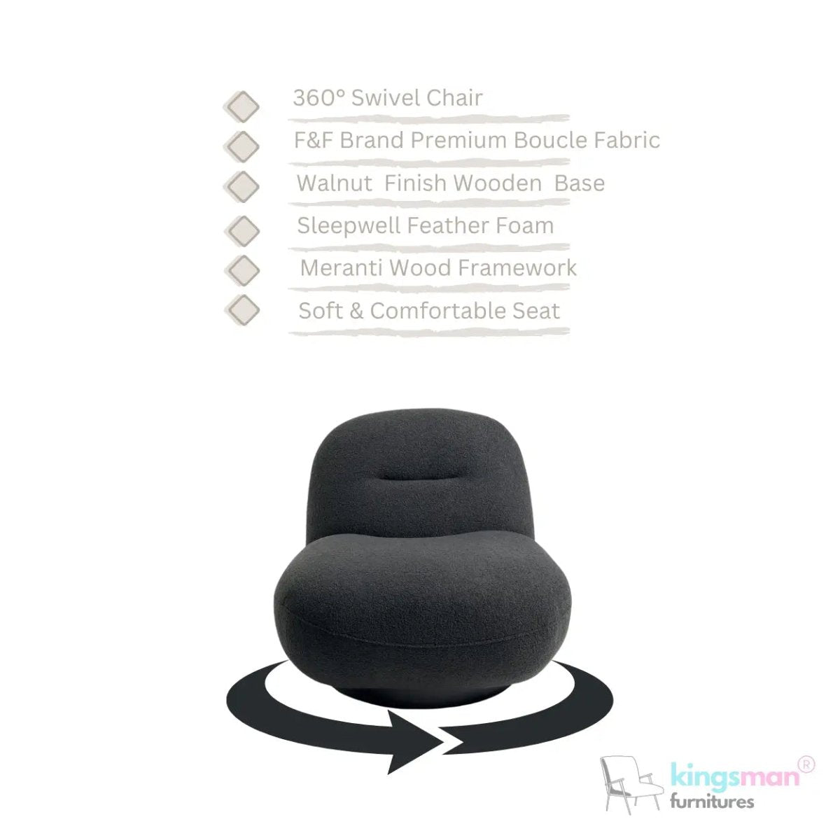 Otis Swivel 360 Degree Luxury Accent Chair - Modern Design - Kingsman Furnitures