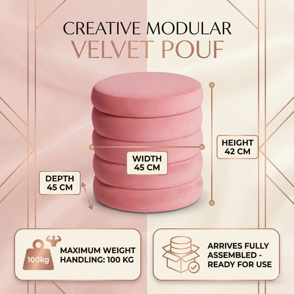 Pink modular velvet pouf with dimensions and features on a light pink background
