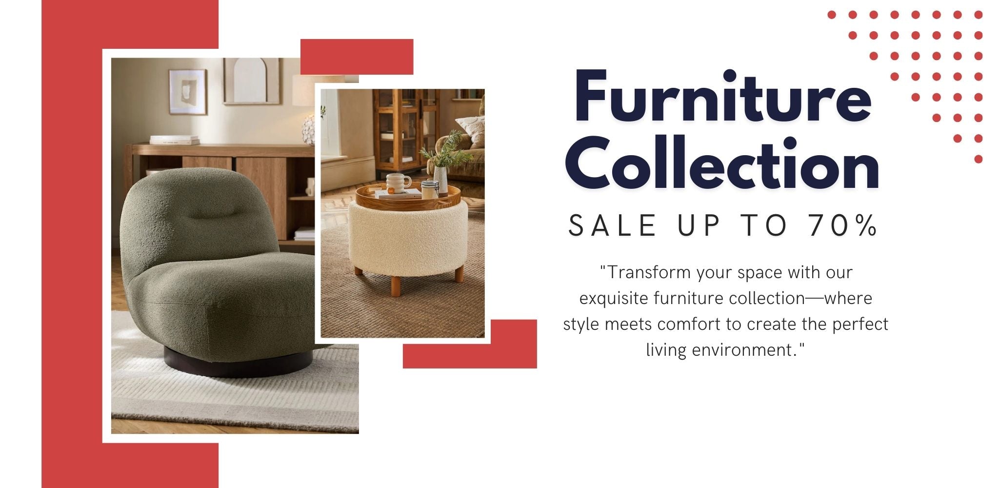 Advertisement for furniture collection with green armchair and promotional text.