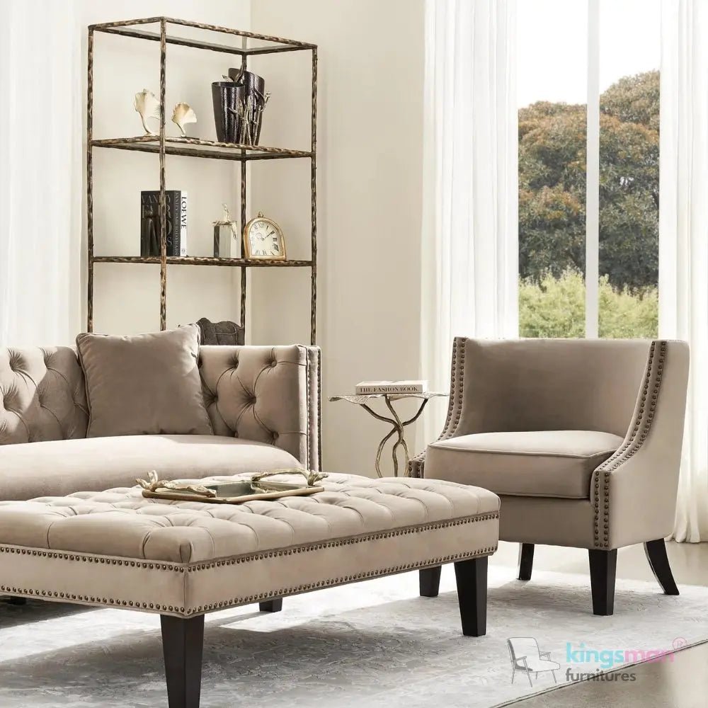 Vogue Beige Velvet Tub Chair - Classic Design with Teak Wood Legs - Kingsman Furnitures