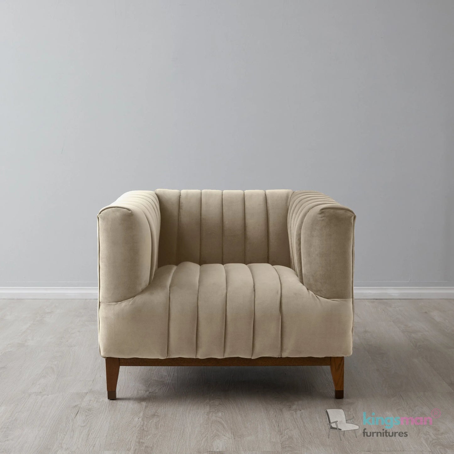 Asfor Velvet Armchair – Modern Channel-Stitched Design with Teak Legs and Brass Caps Kingsman Furnitures
