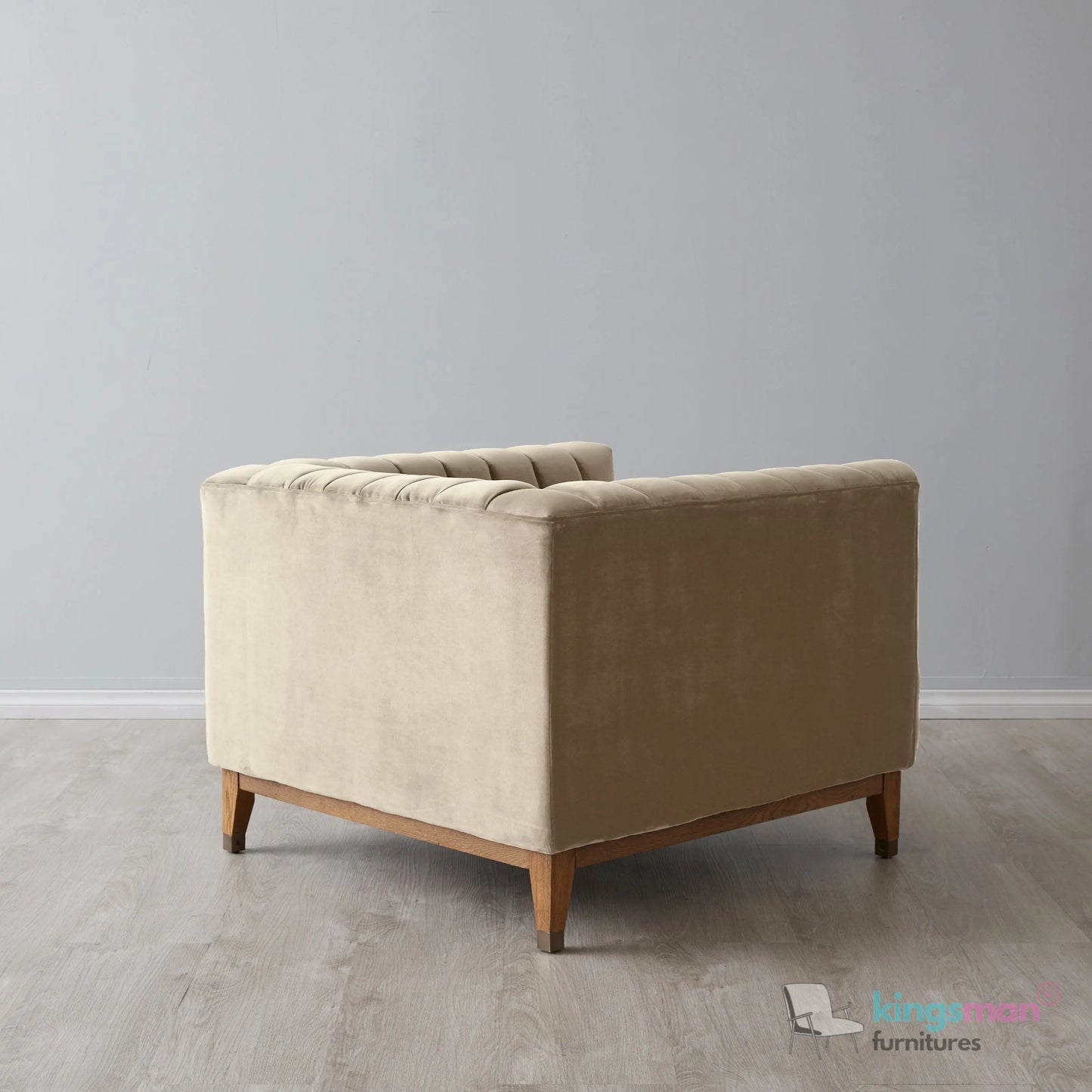 Asfor Velvet Armchair – Modern Channel-Stitched Design with Teak Legs and Brass Caps Kingsman Furnitures